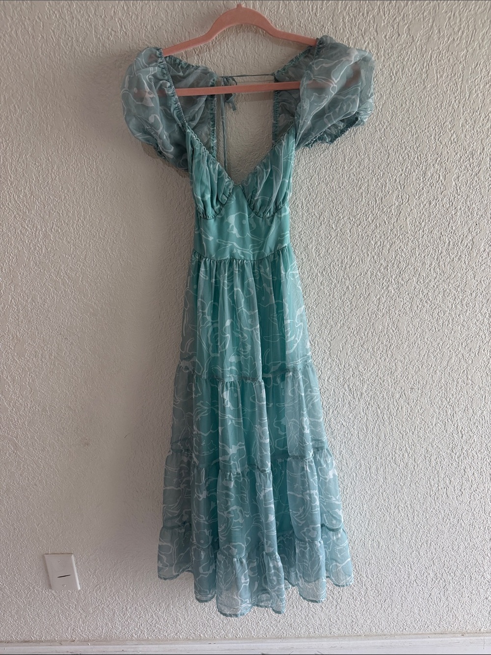 Hello Molly Mint Blue Floral Tiered Maxi Dress with Puff Sleeves